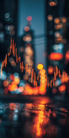 Candlestick chart graph overlaying a bustling city night scene with bokeh lights and reflective wet ground, representing data analysis and investment success during evening operationsの素材