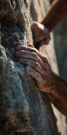Climber hands chalked and gripping a rugged rock face, showcasing strength, focus and determination in a vertical outdoor challenge of bouldering and mountain climbing adventureの素材