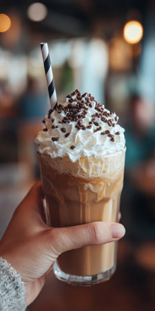 Hand holding refreshing iced coffee frappe topped with fluffy whipped cream and chocolate sprinkles, enjoying sweet indulgence at a cozy cafe against a blurred backgroundの素材