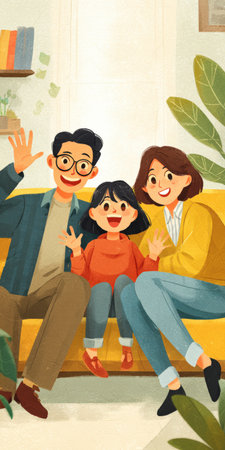 Happy family of a father, mother, and child sitting together on a yellow sofa in a cozy home environment, smiling and waving hands, sharing moments of togetherness and joyの素材