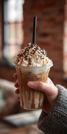Hand holding a clear plastic cup filled with refreshing iced coffee topped with sweet whipped cream, chocolate sprinkles, and rich caramel drizzle, creating a delicious cold beverageの素材