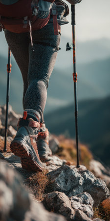 Woman's legs in hiking boots and leggings trekking a rocky mountain trail, holding hiking poles for support with a blurred mountain range in the backgroundの素材