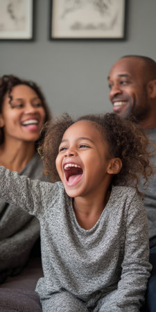 Little African American girl laughing loudly with joy, while her parents are smiling happily in the background, sharing a loving and bonding family moment at homeの素材