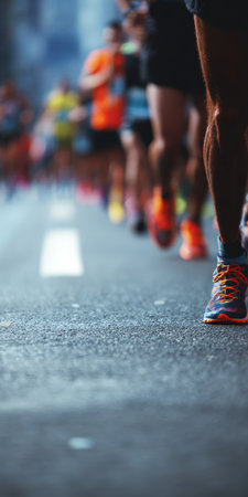 Focused runner's legs and shoe in the foreground, with many blurred competitors participating in a public race on an asphalt road, emphasizing movement and competitionの素材