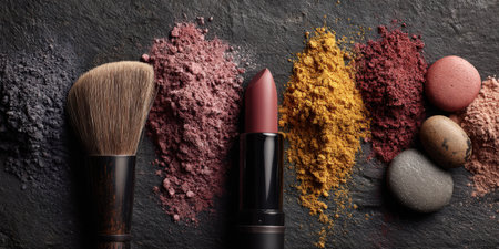 Variety of mineral makeup products, including powder, blush, and lipstick, arranged with a brush and natural stones on a dark slate background, representing organic beauty and natural ingredientsの素材