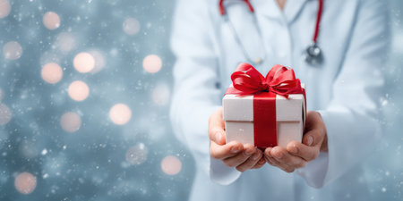 Doctor's hands in lab coat, holding a small wrapped present with a red bow, standing against a festive holiday background with bokeh lights and falling snow, representing appreciation and careの素材