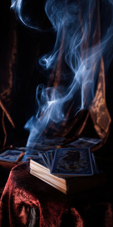 Stacked tarot cards resting on a rich red velvet surface, enveloped by wisps of mystical smoke, creating an atmosphere of ancient fortune-telling and future divinationの素材