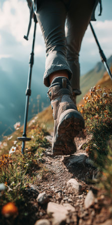 Hiker's boot stepping on a rocky mountain path, highlighting adventure, nature, and determination while exploring the rugged outdoors and enjoying the journeyの素材