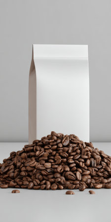 Roasted coffee beans creating a pile in front of a white blank stand-up pouch, perfect for product branding and advertising, on a clean light gray backgroundの素材