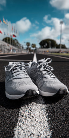 Running shoes sit on a dark athletic track at the starting line, beneath a clear sky, symbolizing new beginnings, fitness goals, and readiness for a competition or daily workoutの素材