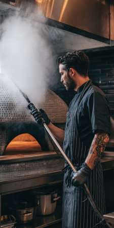 Chef wearing an apron and gloves operating a steam cleaner inside a hot brick oven in a restaurant kitchen, symbolizing professional cooking and hygieneの素材