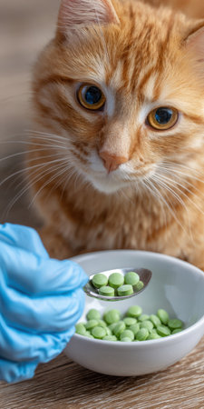 Ginger tabby cat staring at a spoon of green pills held by a gloved hand, receiving medication from a vet for pet health, treatment and preventative care at home or clinicの素材