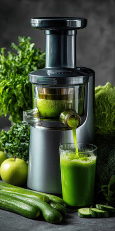 Juicer extracting vibrant green juice from fresh vegetables and fruits, pouring into a glass to convey detox, clean eating, plant-based nutrition and healthy lifestyle wellbeingの素材