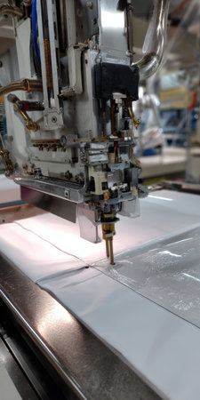 Industrial sewing machine performing intricate stitching on white fabric, representing advanced automation and efficiency in modern textile manufacturing and garment productionの素材