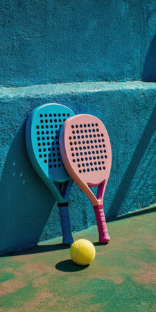 Two vibrant padel rackets, one blue and one pink, stand against a teal wall on a textured green court with a yellow tennis ball resting in front, symbolizing summer sports and leisureの素材