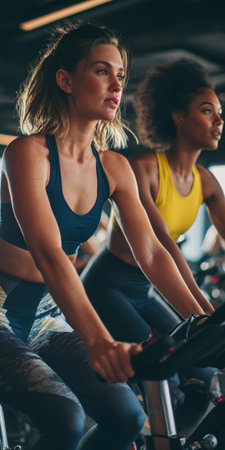 Two diverse women are focused and determined, exercising on spin bikes together in a gym, embodying fitness, healthy lifestyle, and teamwork in their workoutの素材