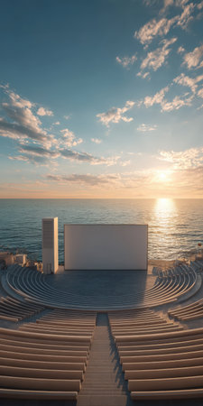 Outdoor amphitheater featuring a large cinema screen facing the calm sea under a beautiful sunset sky, providing an empty and serene setting for entertainmentの素材