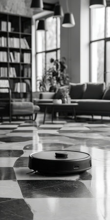 Robot vacuum cleaning a geometric black and white stone floor in a contemporary living room with a bookcase, sofas, and large windows, symbolizing smart home technology and automationの素材
