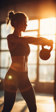 Woman in athletic wear performing a kettlebell swing exercise, focusing on strength training and fitness in a gym with warm backlighting from the setting sunの素材