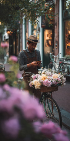 Florist man wearing straw hat and brown overalls checking his smartphone while standing next to a vintage bicycle with a basket full of fresh flowers on an Amsterdam streetの素材