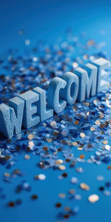 Welcome text created with textured blue letters placed among vibrant blue and silver confetti scattered on a matching blue surface, symbolizing greeting and celebrationの素材