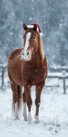 Brown horse with a white blaze and a red santa hat standing in a snowy field, with soft falling snowflakes creating a festive and calm Christmas winter sceneの素材