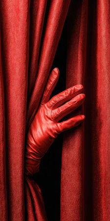 Red gloved hand drawing back a rich velvet theater curtain, revealing a glimpse of hidden dark space, symbolizing mystery, drama, revealing, or a grand performance about to beginの素材