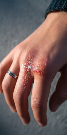 Hand with severe chemical burn showing widespread painful blistering, raw inflamed skin and swelling on fingers and palm, urgent medical attention and treatment neededの素材