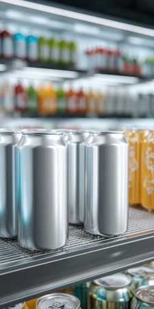 Aluminum beverage cans lined up on a metal shelf inside a refrigerated supermarket display, offering cold drinks and various refreshing sodas, juices, and other bottled products in the backgroundの素材