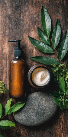 Organic skincare collection featuring a lotion pump bottle, open cream jar, fresh green leaves and a smooth stone on dark rustic wooden background, symbolizing wellness and natural ingredientsの素材