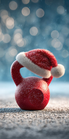 Red kettlebell sits on a snowy surface, dressed with a festive santa hat, representing healthy holiday living and winter fitness challenges against a bokeh backgroundの素材