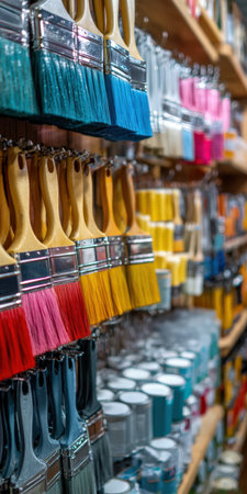 Colorful paint brushes hanging on a rack with various paint cans lined up on shelves, creating a vibrant display of art and diy supplies in a well-stocked storeの素材