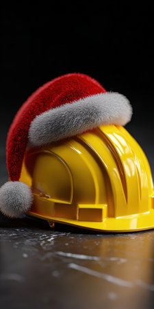 Yellow construction hard hat topped with a red and white santa hat, blending holiday cheer and workplace safety for festive construction, engineering, and industrial themesの素材