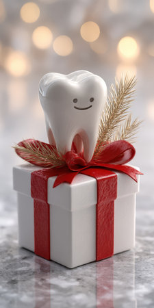 Cheerful tooth character perched on a white gift box with a red ribbon and gold pine needles, festive dental holiday scene conveying oral care, joy and seasonal cheerの素材