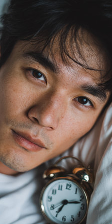 Asian man looking directly at the camera while lying in a comfortable bed next to a golden alarm clock, embodying the feeling of waking up in the early morningの素材
