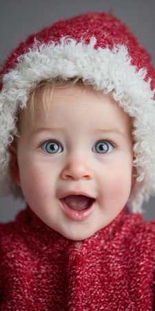 Adorable baby in knitted red-and-white santa hat and cozy sweater, blue eyes sparkling with joyful, innocent holiday wonder and a bright, smiling studio portrait feelingの素材