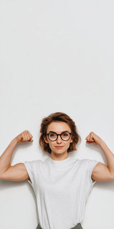 Young woman with short hair and glasses confidently flexing her bicep muscles, portraying strength, empowerment, and self-belief against a simple white background with copy spaceの素材