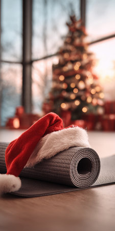 Rolled yoga mat topped with a santa hat in a cozy living room, blurred Christmas tree and gifts in the background, evoking holiday fitness, wellness and new year resolutionsの素材