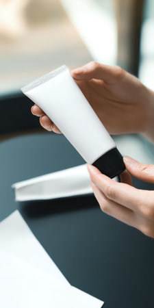 Hands showcasing a blank white cosmetic cream tube, providing a versatile product mockup for skincare, beauty, and personal care branding presentationsの素材