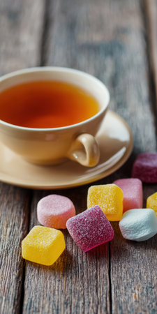 Hot tea served in a light brown ceramic cup and saucer, surrounded by soft, colorful sugar-coated jelly candies on rustic wooden planks, creating a sweet and comforting still lifeの素材