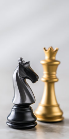 Black knight in sharp focus with blurred golden king behind, symbolizing strategy, rivalry and leadership in competition, decision-making and tactical planning on a gray boardの素材