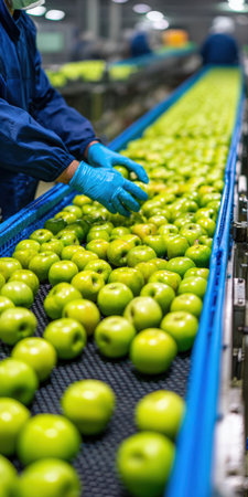 Worker in uniform and gloves inspecting and selecting fresh green apples on a conveyor belt in a modern food processing plant, ensuring quality and hygiene standardsの素材