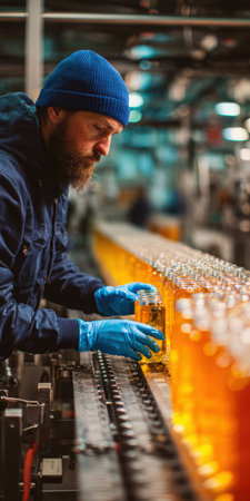 Worker inspects glass juice bottles moving on a conveyor in a beverage production plant, performing quality control checks in a uniform and safety gear to ensure consistent packagingの素材