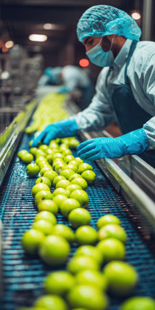 Worker in protective clothing and gloves inspecting and sorting fresh green apples moving along a factory conveyor belt, ensuring food quality and safety in the production lineの素材