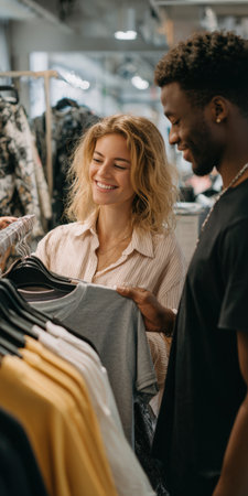 Interracial young couple smiling as they browse and choose clothing from a modern boutique rack, enjoying a relaxed shopping experience and bonding over fashion choicesの素材