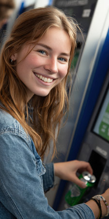 Young woman smiling while inserting an aluminum can into a reverse vending machine, actively participating in a positive environmental initiative for recycling and sustainabilityの素材