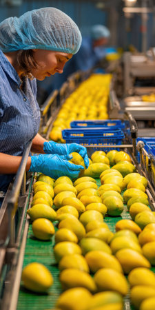 Woman worker performing quality control by manually sorting fresh mangoes on a conveyor belt in a hygienic food processing factory, ensuring fruit selection and packing for distributionの素材