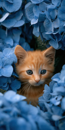 Ginger tabby kitten with blue eyes peeking from behind a dense bush of vibrant blue hydrangea flowers, creating a heartwarming and adorable scene outdoorsの素材