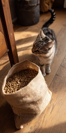 Tabby kitten on a wooden floor attentively inspects an open burlap sack of dry kibble, curious and ready to eat in warm indoor natural light, home pet sceneの素材