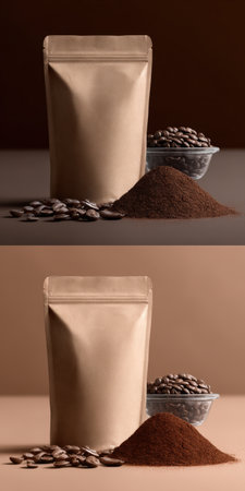 Kraft stand-up pouch mockup provides copy space for product branding, accompanied by roasted coffee beans and a pile of freshly ground coffee, suitable for food and beverage industry promotionの素材